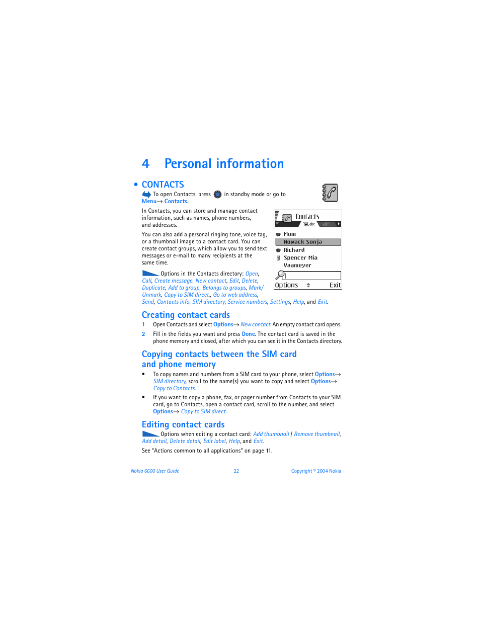 4 personal information, Contacts, Creating contact cards | Editing contact cards, Personal information, 4personal information | Nokia 6600 User Manual | Page 35 / 161