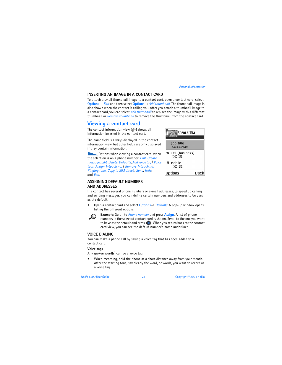 Viewing a contact card | Nokia 6600 User Manual | Page 36 / 161