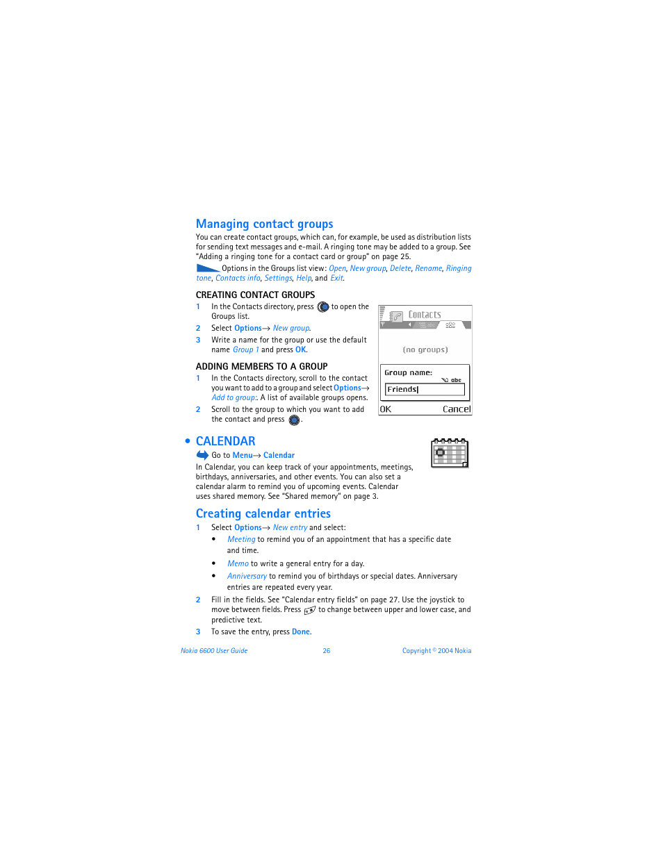 Managing contact groups, Calendar, Creating calendar entries | Nokia 6600 User Manual | Page 39 / 161