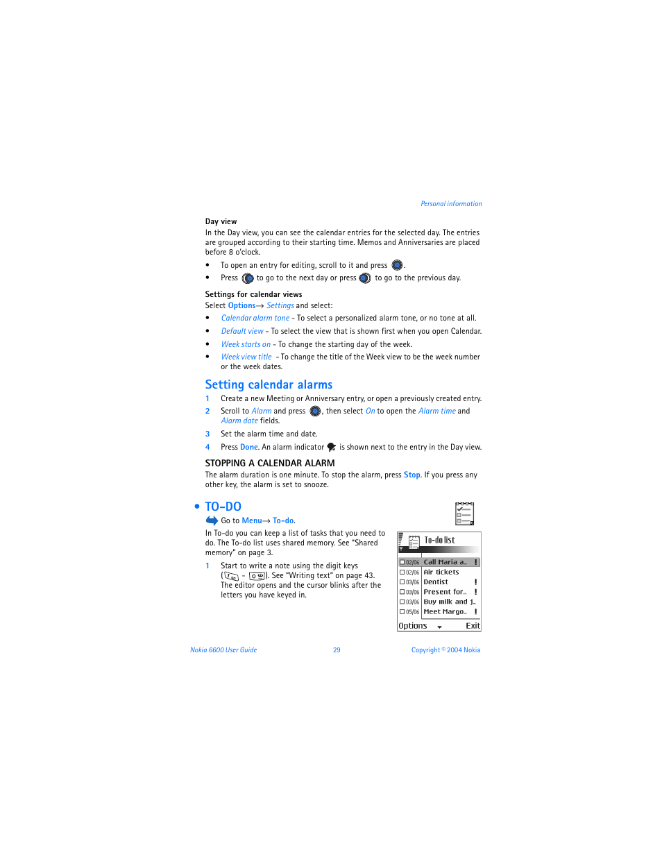 Setting calendar alarms, To-do | Nokia 6600 User Manual | Page 42 / 161