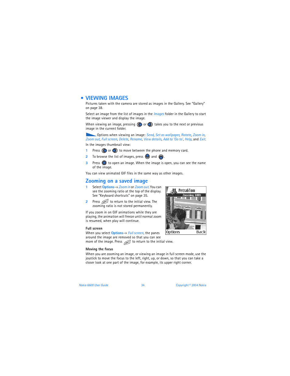 Viewing images, Zooming on a saved image | Nokia 6600 User Manual | Page 47 / 161