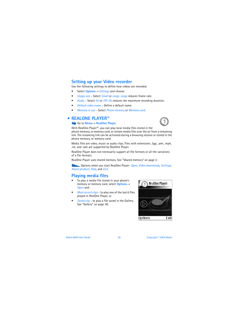 Setting up your video recorder, Realone player, Playing media files | See “setting up your video | Nokia 6600 User Manual | Page 49 / 161