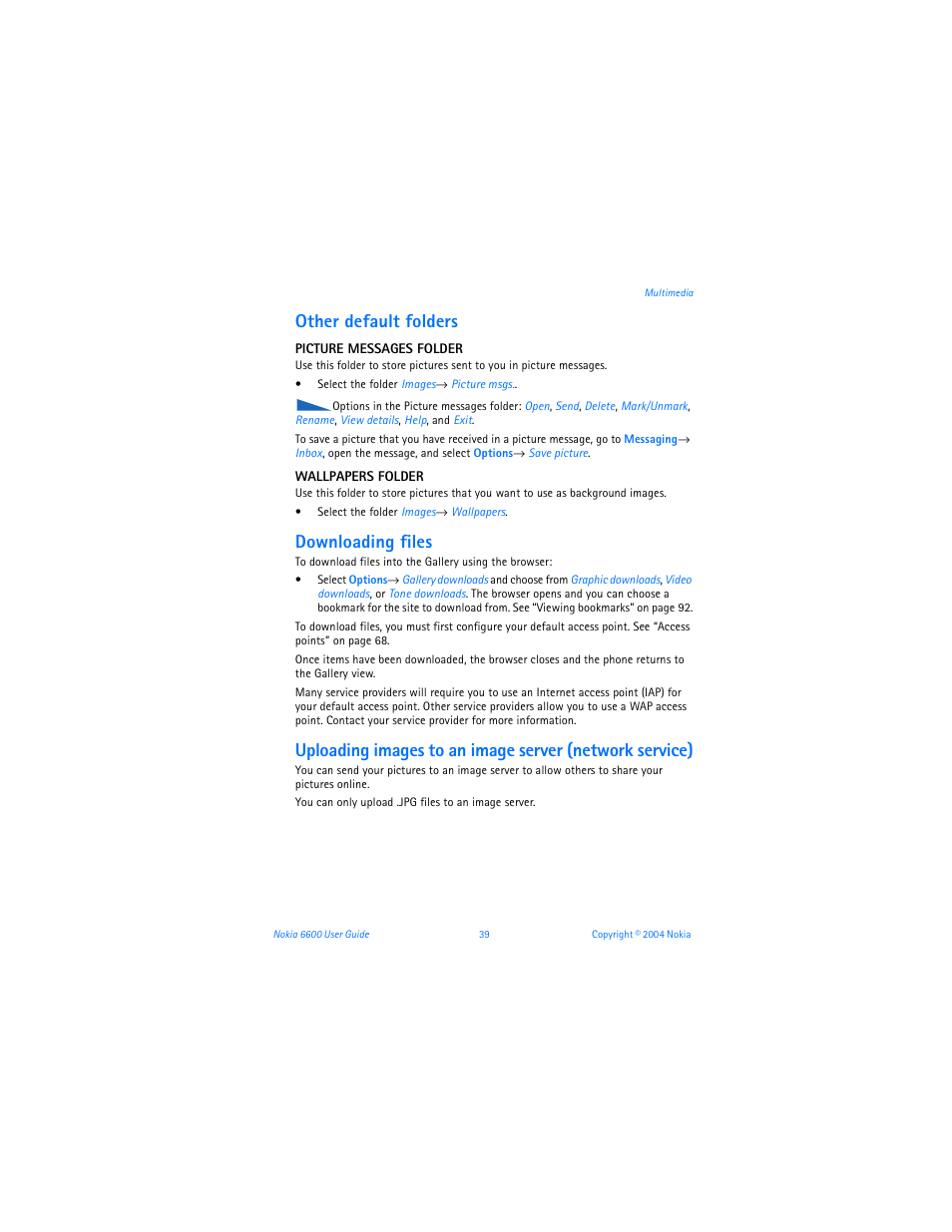 Other default folders, Downloading files | Nokia 6600 User Manual | Page 52 / 161
