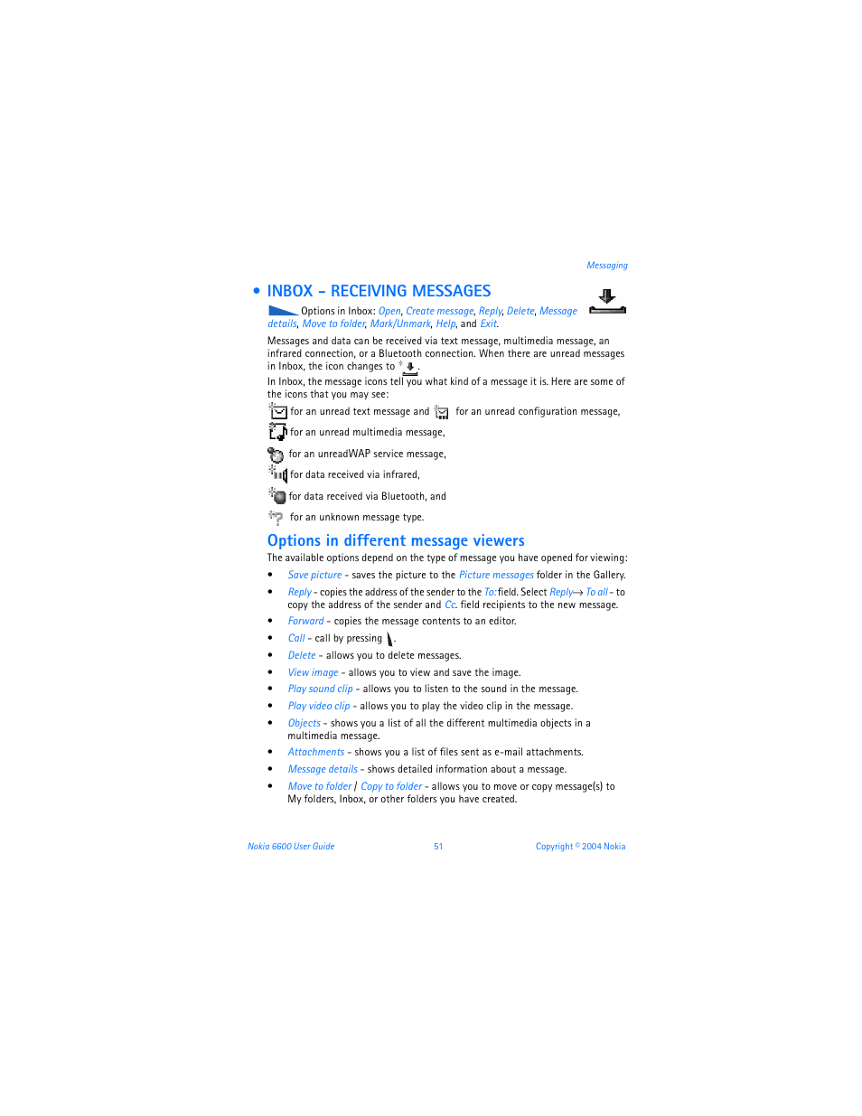 Inbox - receiving messages, Options in different message viewers | Nokia 6600 User Manual | Page 64 / 161
