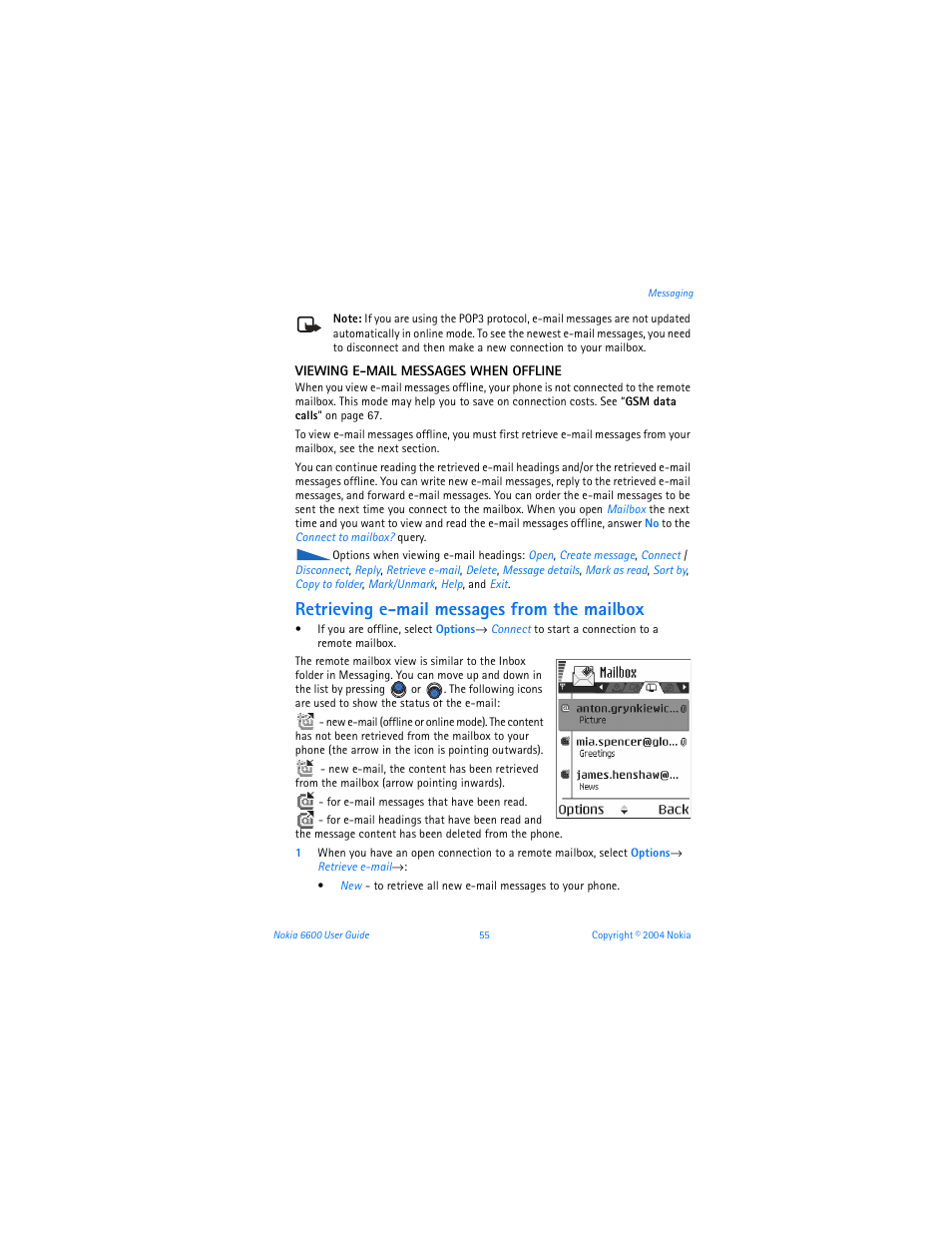 Retrieving e-mail messages from the mailbox | Nokia 6600 User Manual | Page 68 / 161