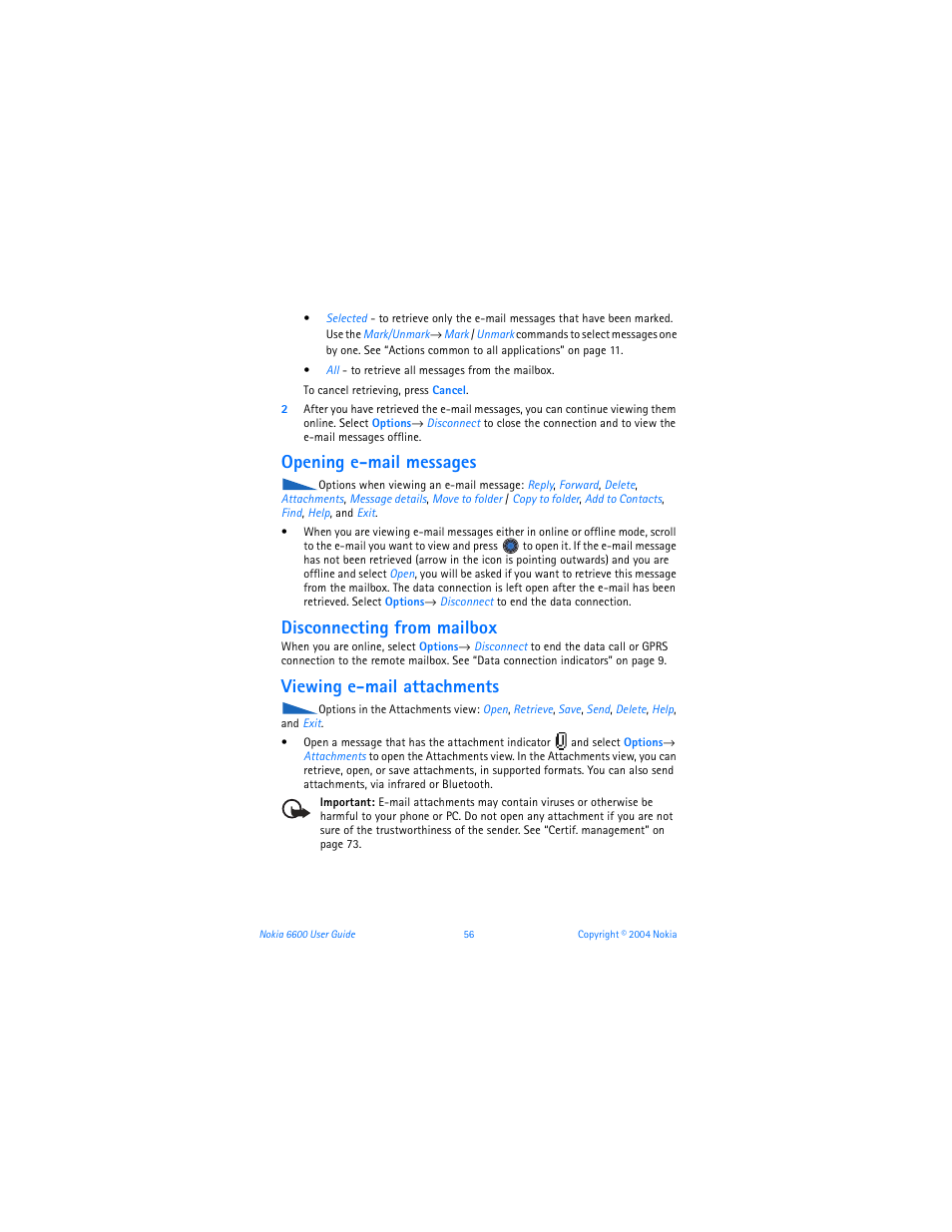 Opening e-mail messages, Disconnecting from mailbox, Viewing e-mail attachments | Nokia 6600 User Manual | Page 69 / 161