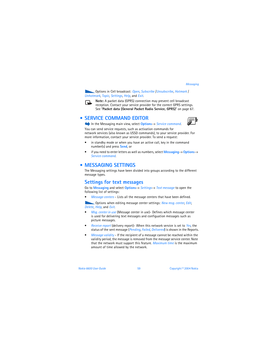 Service command editor, Messaging settings, Settings for text messages | Nokia 6600 User Manual | Page 72 / 161