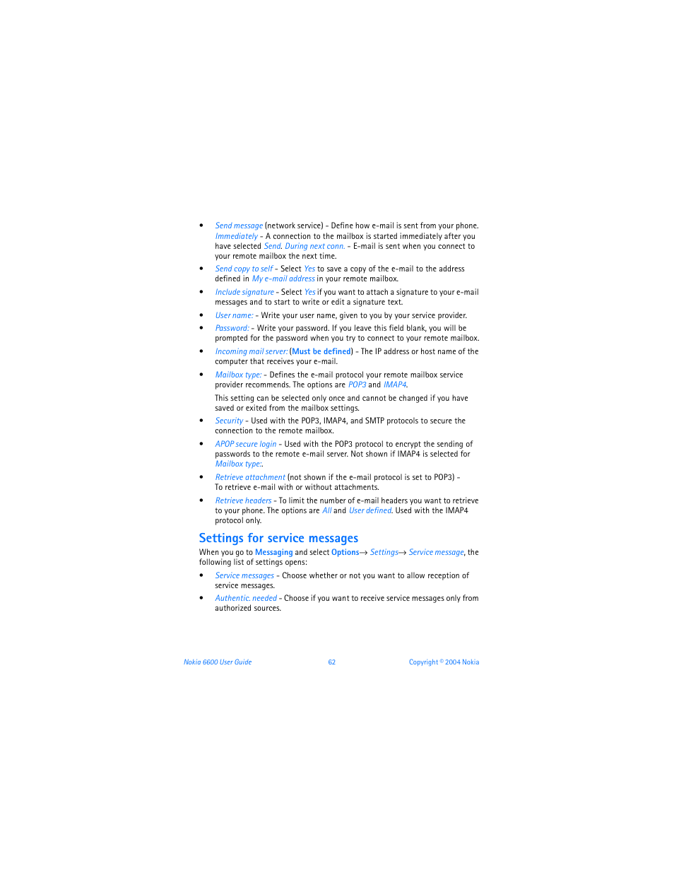 Settings for service messages | Nokia 6600 User Manual | Page 75 / 161