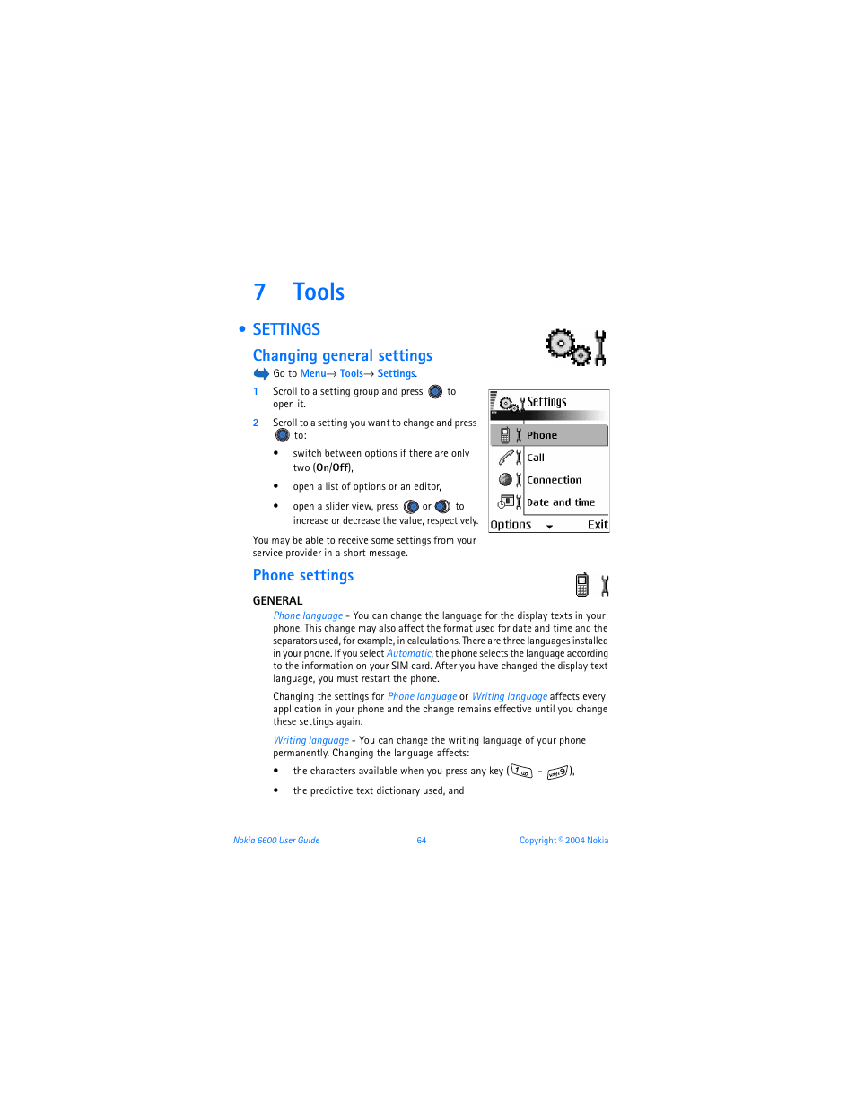 7 tools, Settings, Changing general settings | Phone settings, Tools, 7tools, Settings changing general settings | Nokia 6600 User Manual | Page 77 / 161