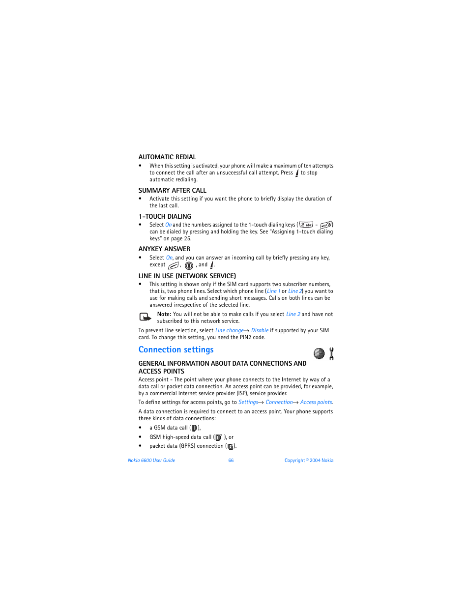 Connection settings, See “line in use (network service) | Nokia 6600 User Manual | Page 79 / 161