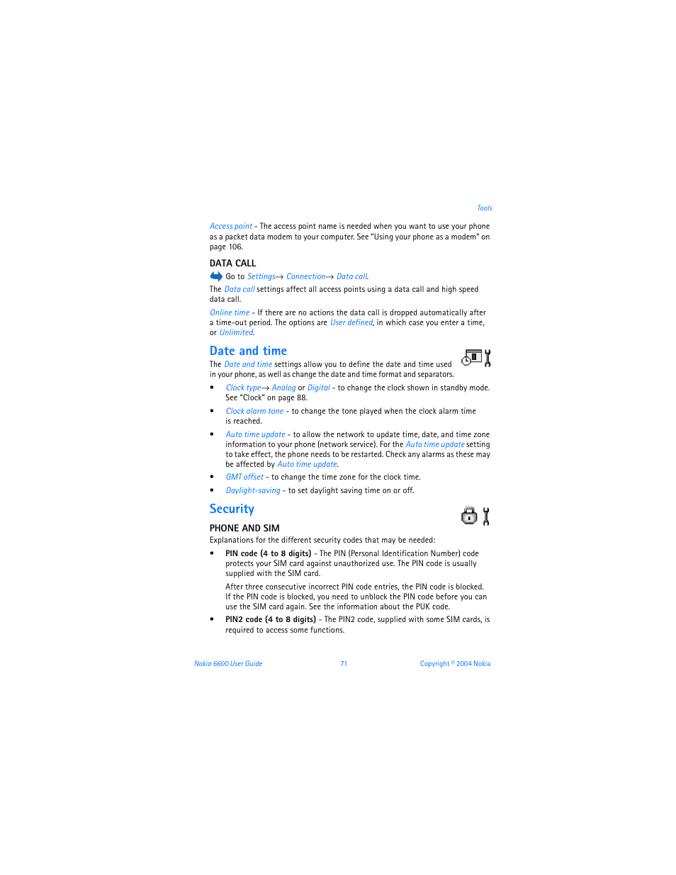 Date and time, Security | Nokia 6600 User Manual | Page 84 / 161