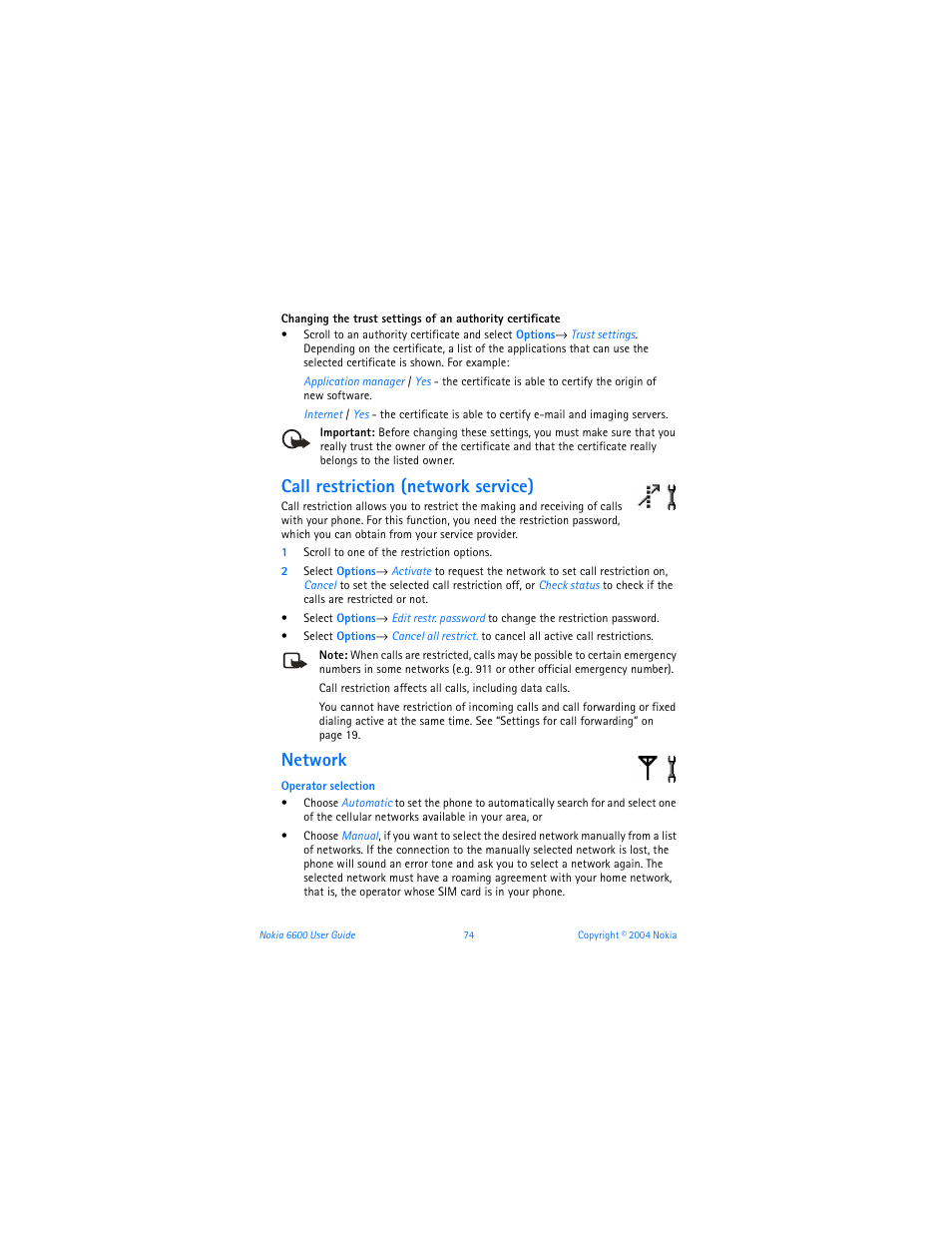 Call restriction (network service), Network | Nokia 6600 User Manual | Page 87 / 161