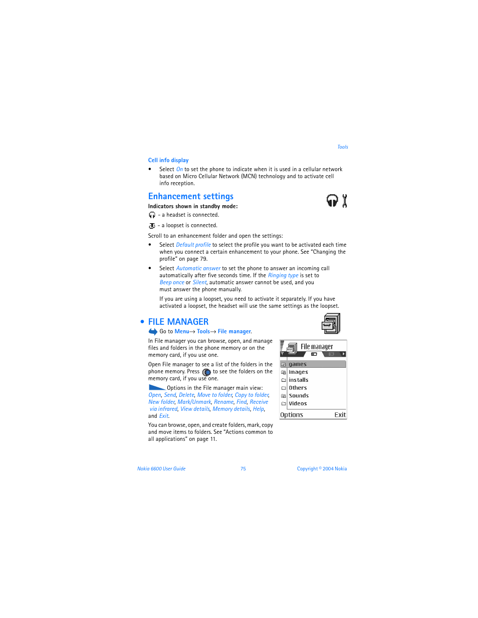 Enhancement settings, File manager | Nokia 6600 User Manual | Page 88 / 161