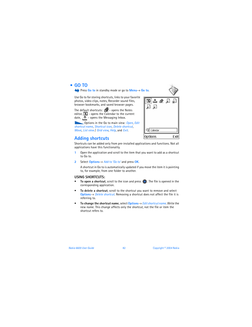 Go to, Adding shortcuts | Nokia 6600 User Manual | Page 95 / 161