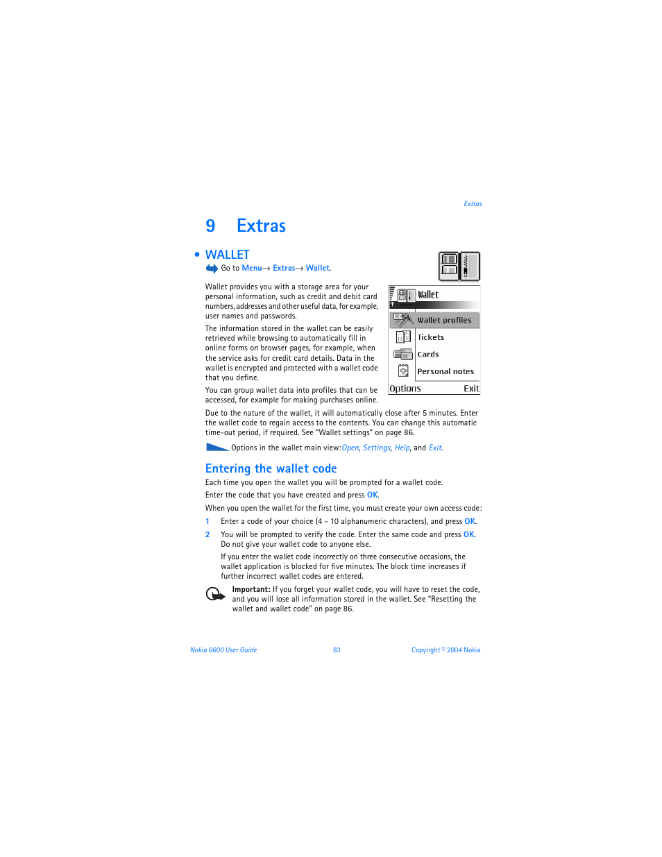 9 extras, Wallet, Entering the wallet code | Extras, 9extras | Nokia 6600 User Manual | Page 96 / 161