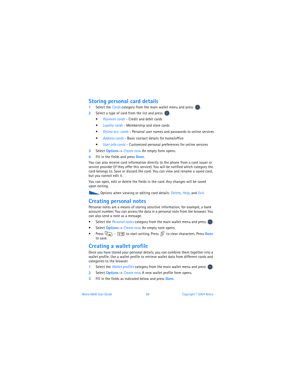 Storing personal card details, Creating personal notes, Creating a wallet profile | Nokia 6600 User Manual | Page 97 / 161