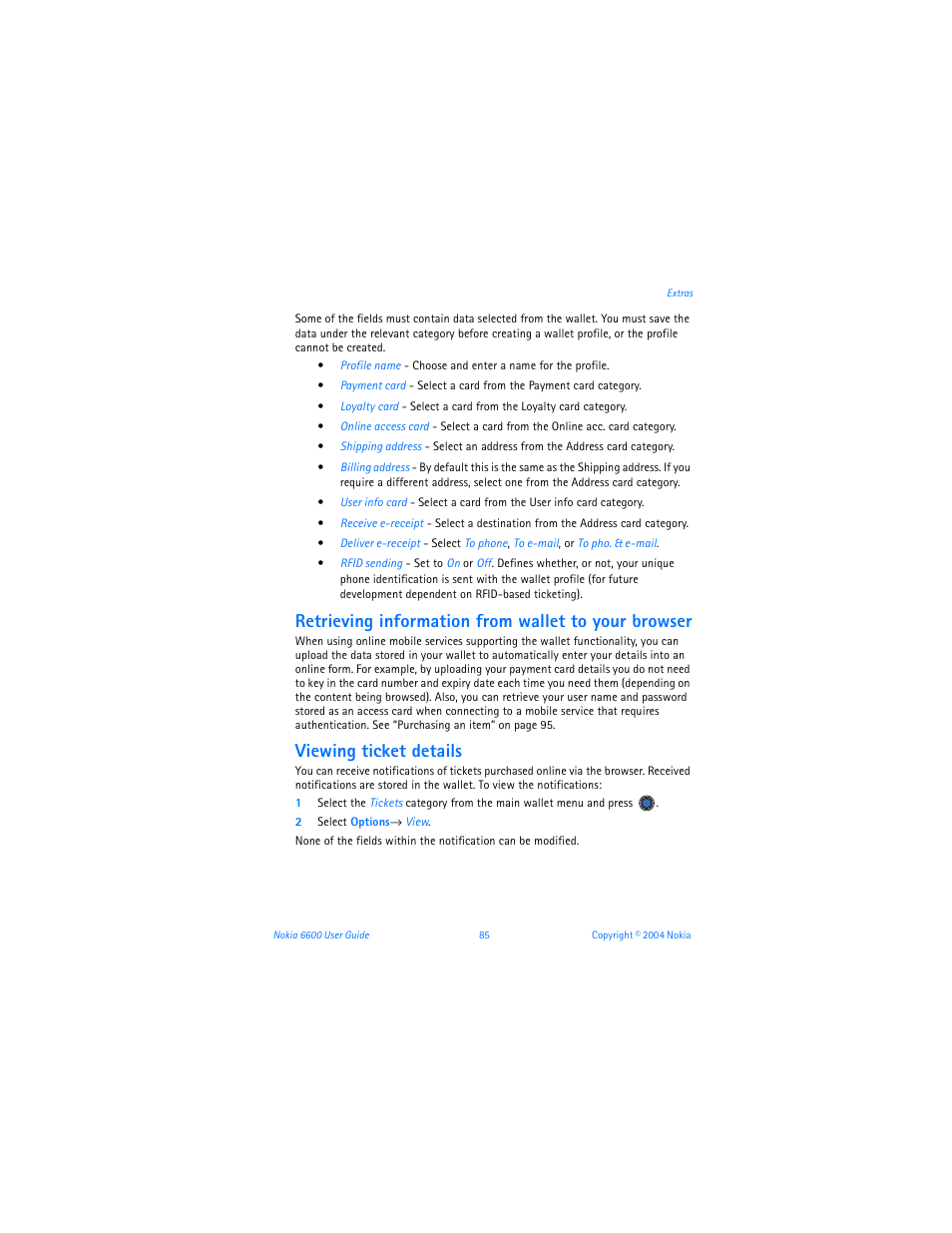 Retrieving information from wallet to your browser, Viewing ticket details | Nokia 6600 User Manual | Page 98 / 161