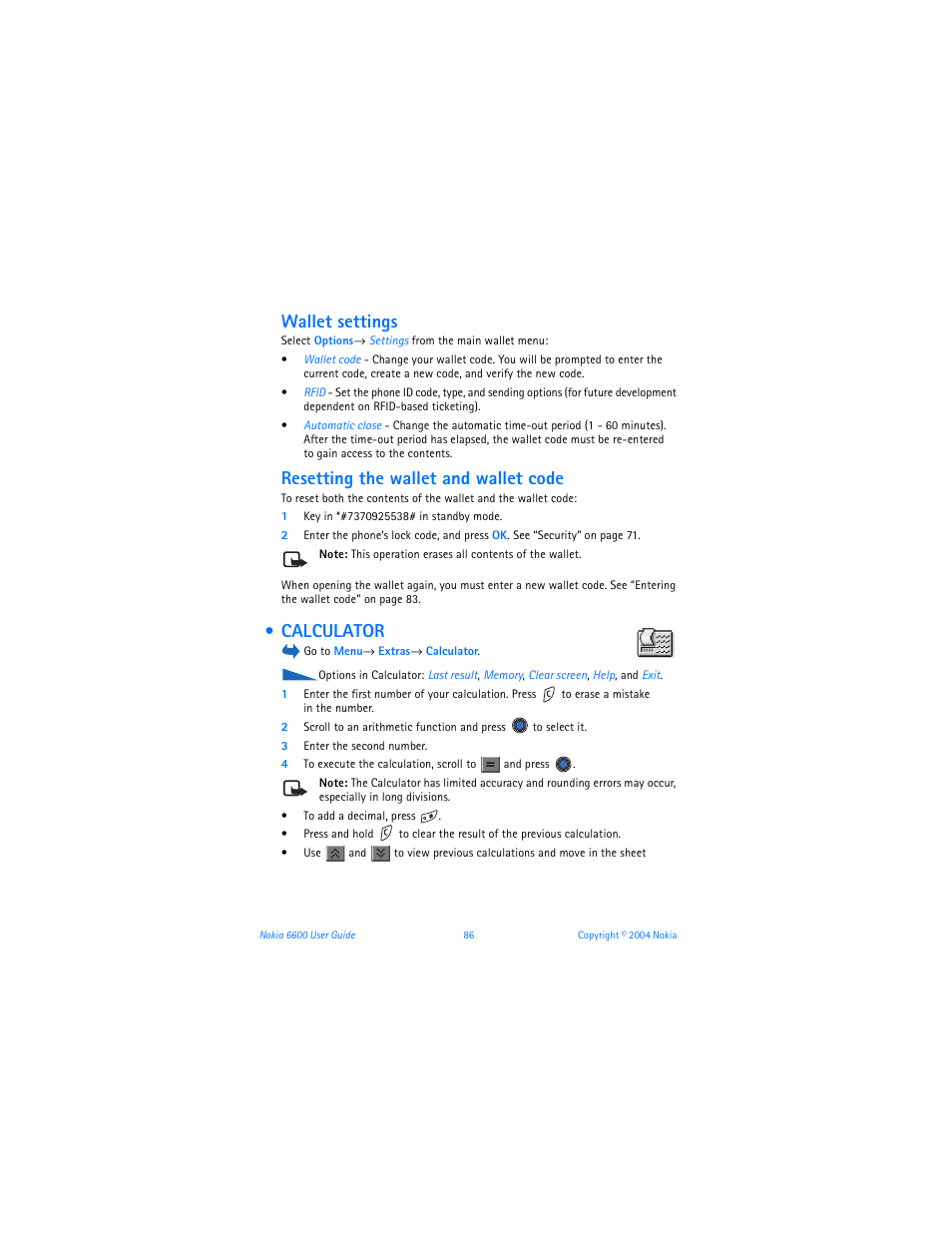 Wallet settings, Resetting the wallet and wallet code, Calculator | Nokia 6600 User Manual | Page 99 / 161