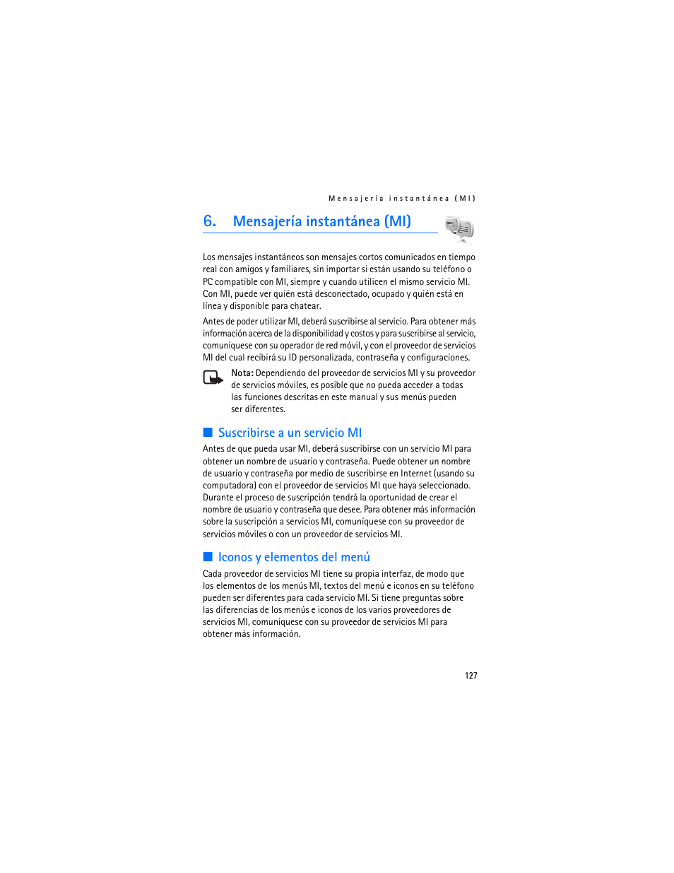 Mensajería instantánea (mi), Suscribirse a un servicio mi, Iconos y elementos del menú | Mensajería instantánea | Nokia 6282 User Manual | Page 128 / 201