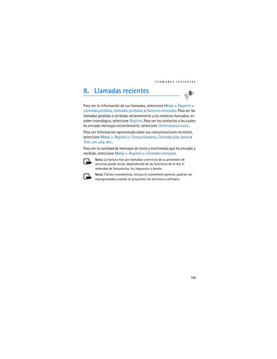 Llamadas recientes | Nokia 6282 User Manual | Page 142 / 201