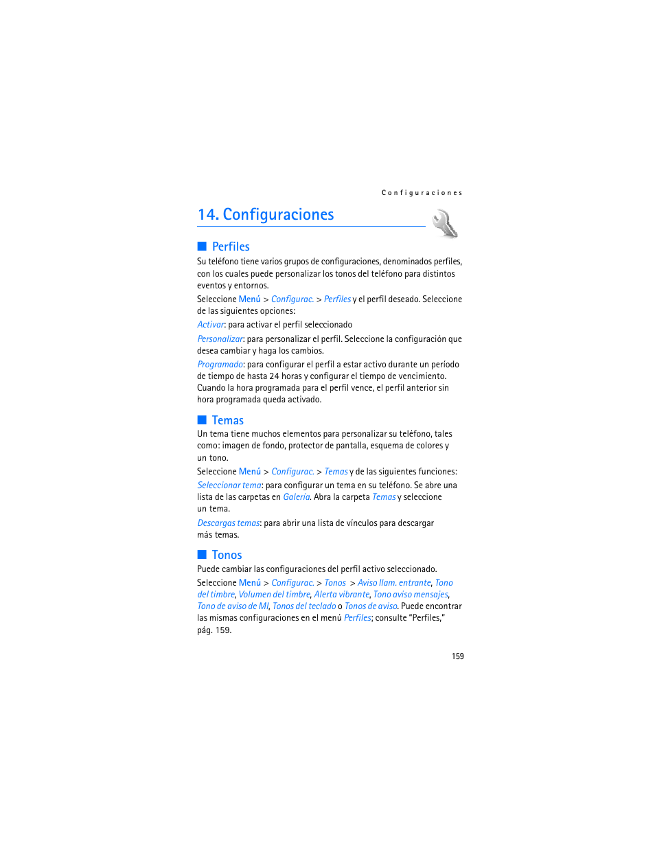 Configuraciones, Perfiles, Temas | Tonos, Perfiles temas tonos, Te “tonos | Nokia 6282 User Manual | Page 160 / 201