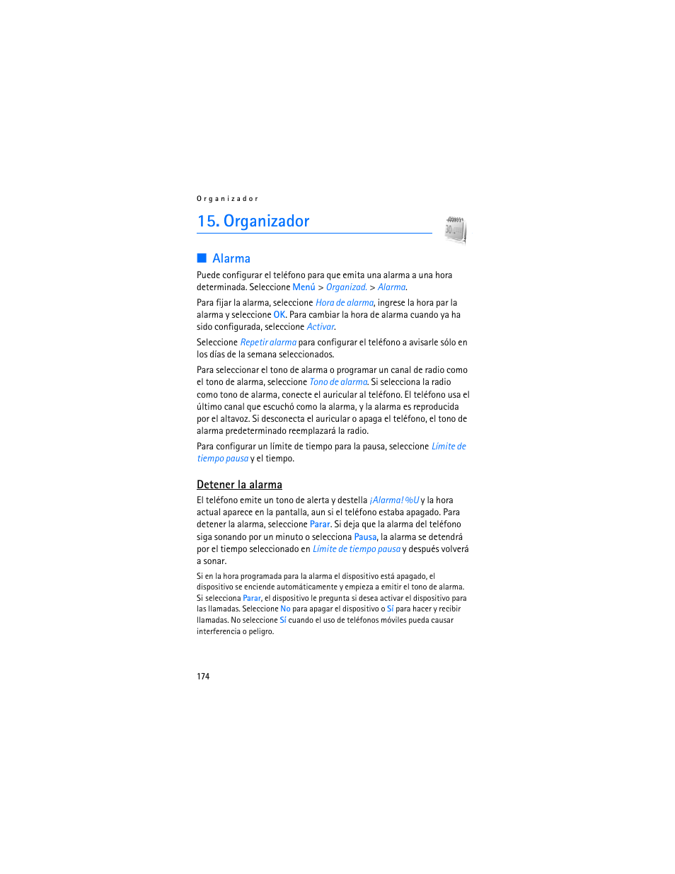 Organizador, Alarma | Nokia 6282 User Manual | Page 175 / 201