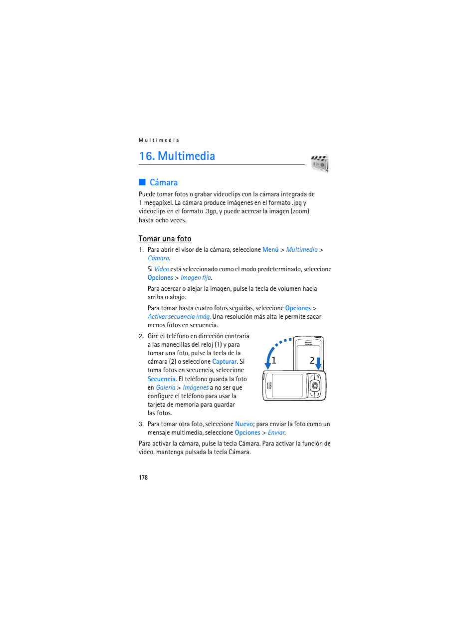 Multimedia, Cámara | Nokia 6282 User Manual | Page 179 / 201