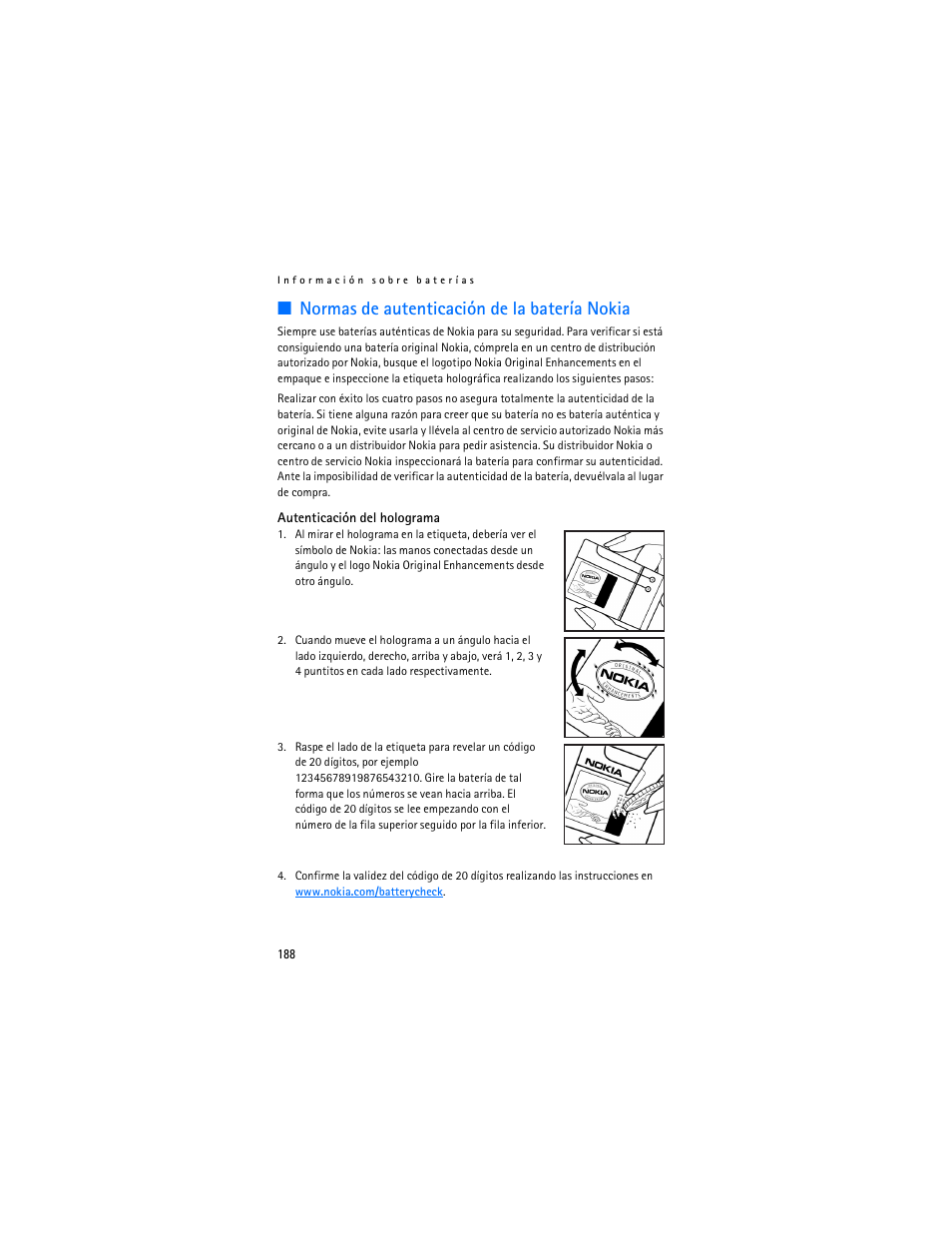 Batería:autenticación, Normas de autenticación de la batería nokia | Nokia 6282 User Manual | Page 189 / 201