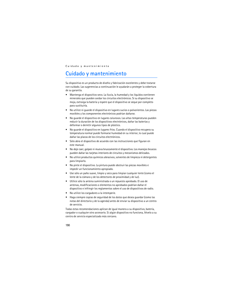 Cuidado y mantenimiento | Nokia 6282 User Manual | Page 191 / 201