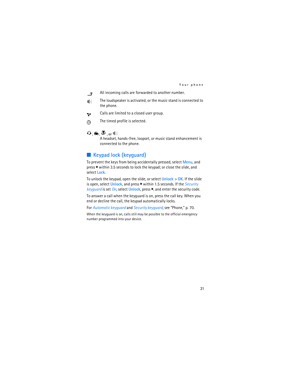 Keypad lock (keyguard) | Nokia 6282 User Manual | Page 22 / 201