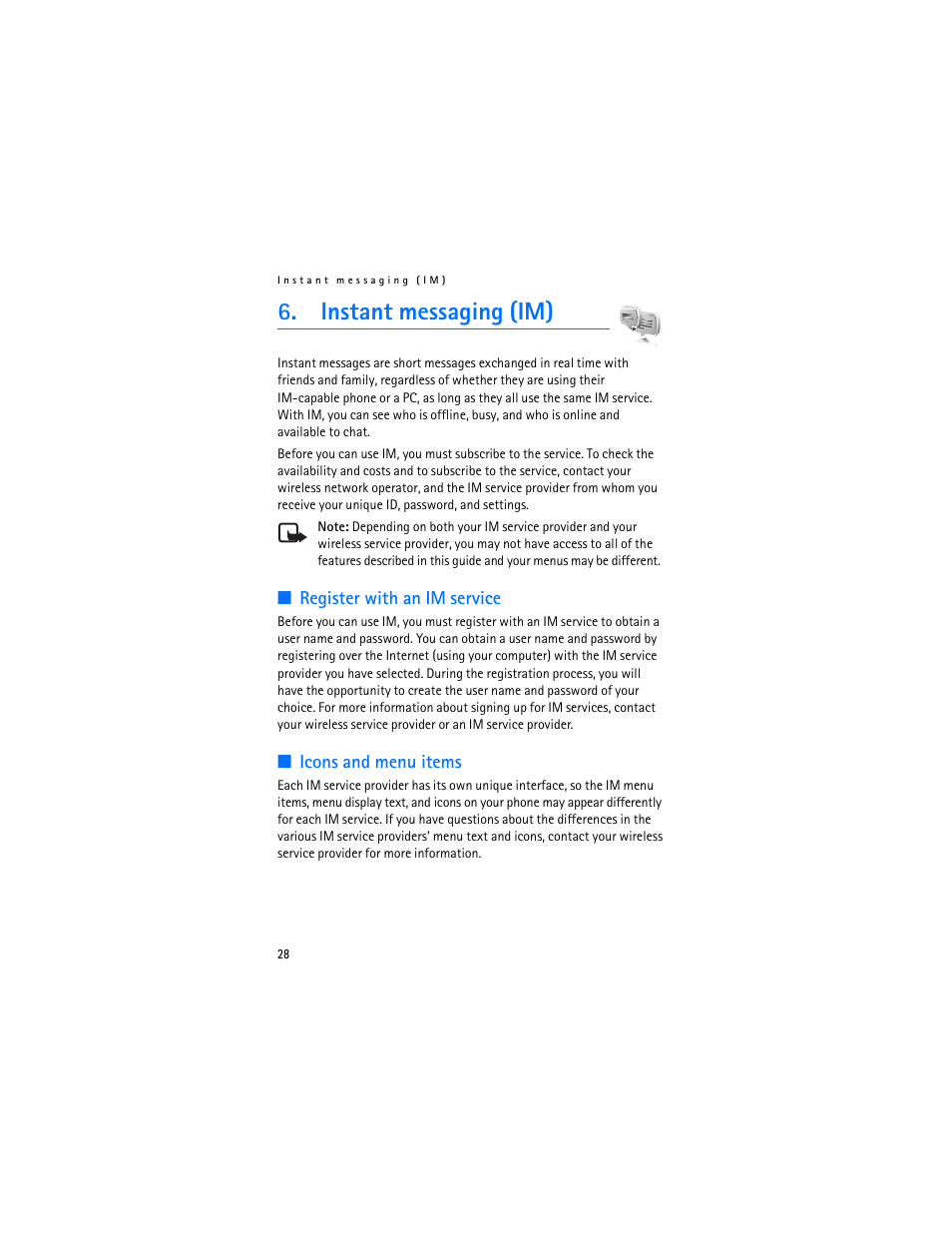 Instant messaging (im), Register with an im service, Icons and menu items | Register with an im service icons and menu items | Nokia 6282 User Manual | Page 29 / 201