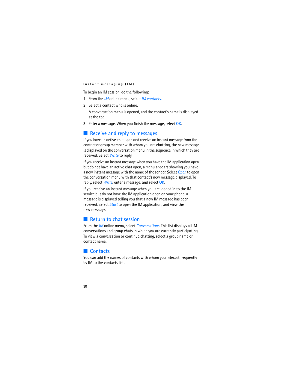 Receive and reply to messages, Return to chat session, Contacts | Nokia 6282 User Manual | Page 31 / 201