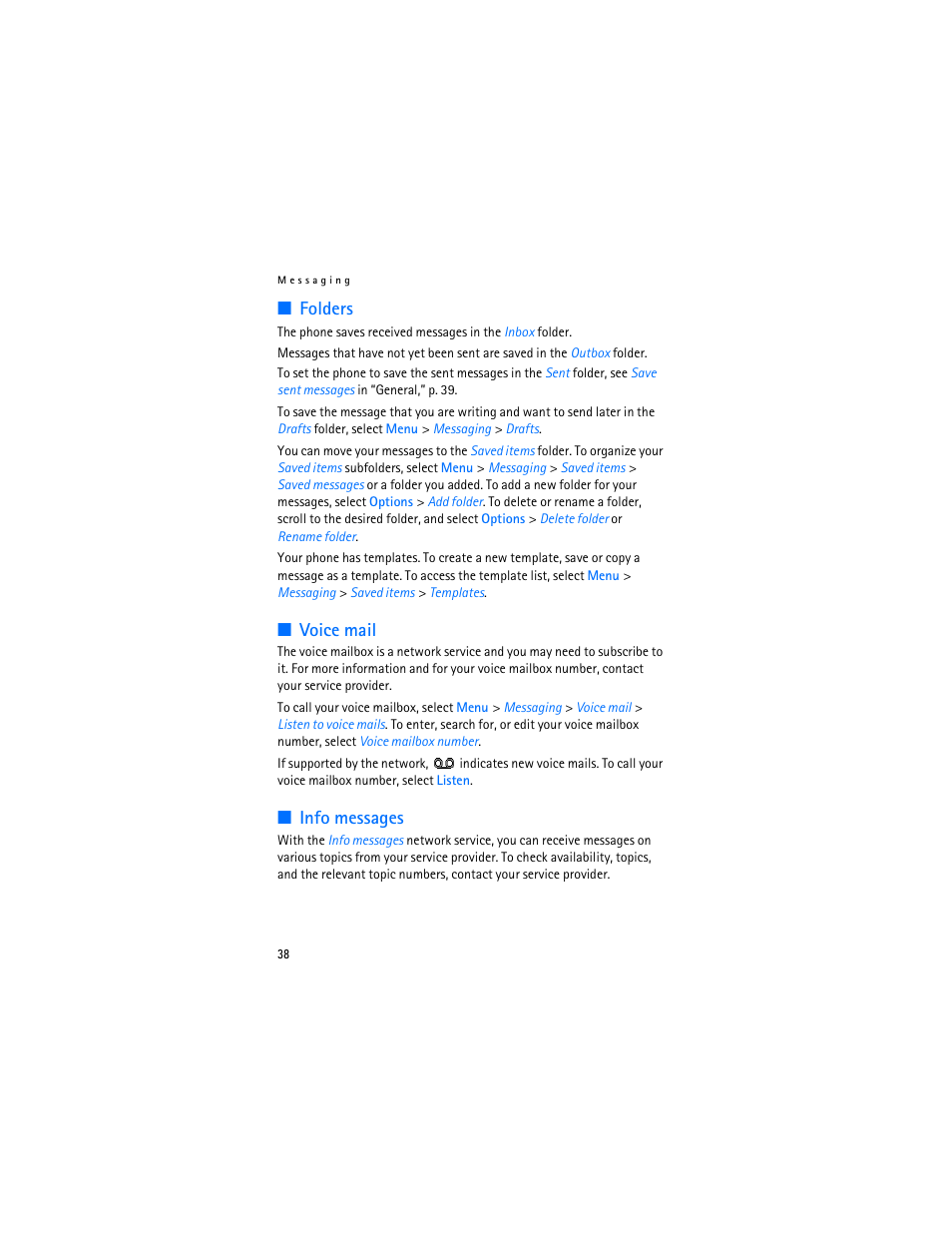 Folders, Voice mail, Info messages | Folders voice mail info messages | Nokia 6282 User Manual | Page 39 / 201