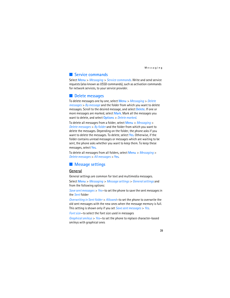 Service commands, Delete messages, Message settings | Service commands delete messages message settings, Ee “message settings,” p. 39 | Nokia 6282 User Manual | Page 40 / 201