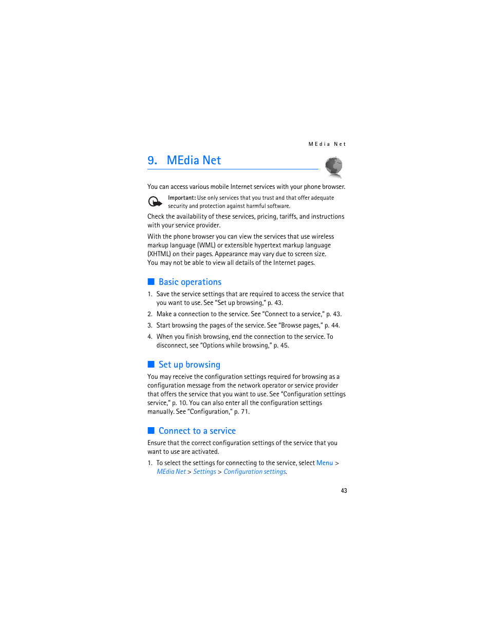 Media net, Basic operations, Set up browsing | Connect to a service | Nokia 6282 User Manual | Page 44 / 201