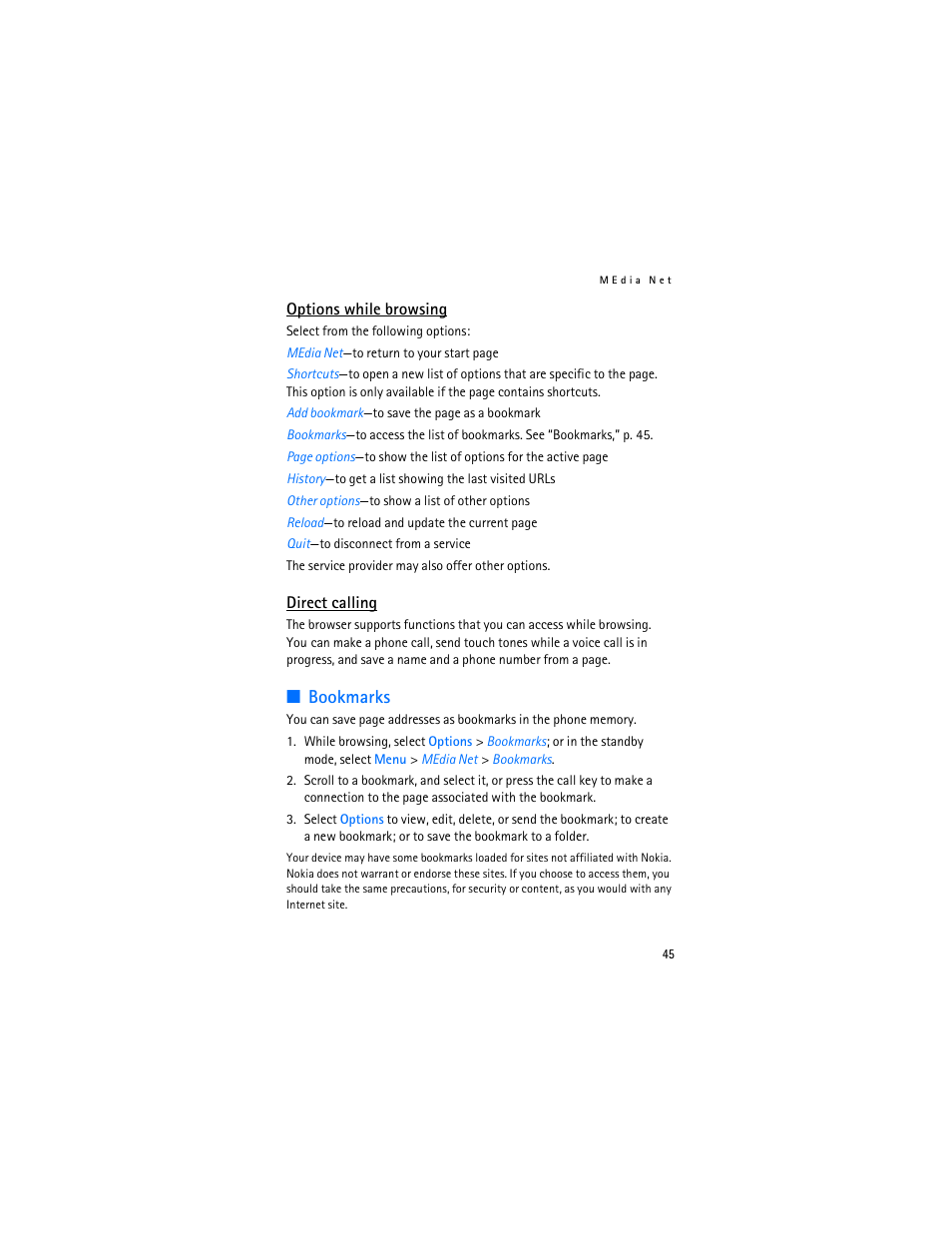 Bookmarks, Options while browsing | Nokia 6282 User Manual | Page 46 / 201