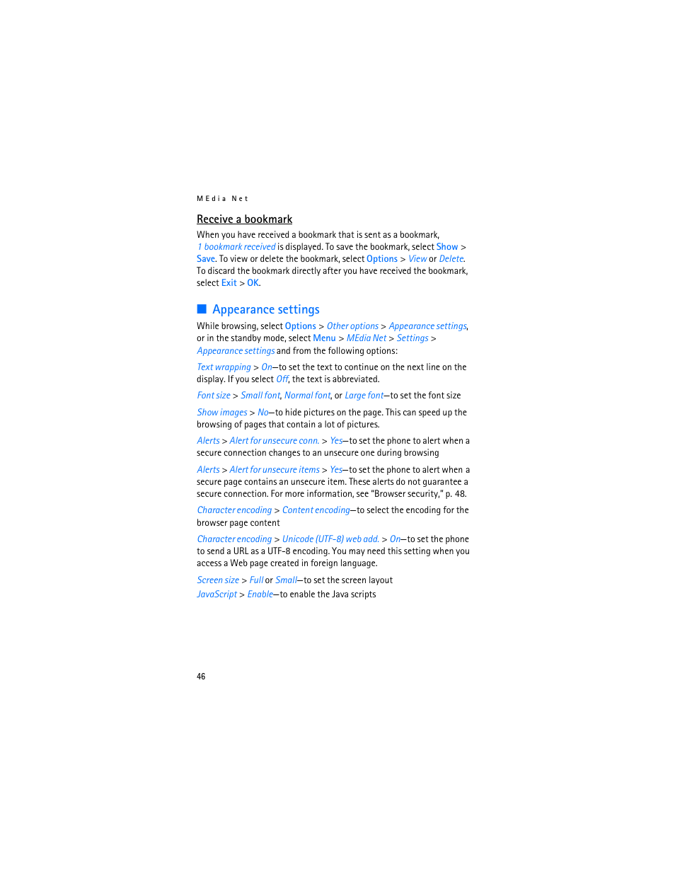 Appearance settings | Nokia 6282 User Manual | Page 47 / 201