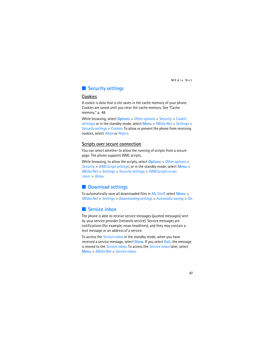 Security settings, Download settings, Service inbox | Security settings download settings service inbox | Nokia 6282 User Manual | Page 48 / 201