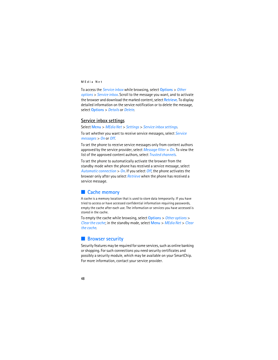 Cache memory, Browser security, Cache memory browser security | Nokia 6282 User Manual | Page 49 / 201