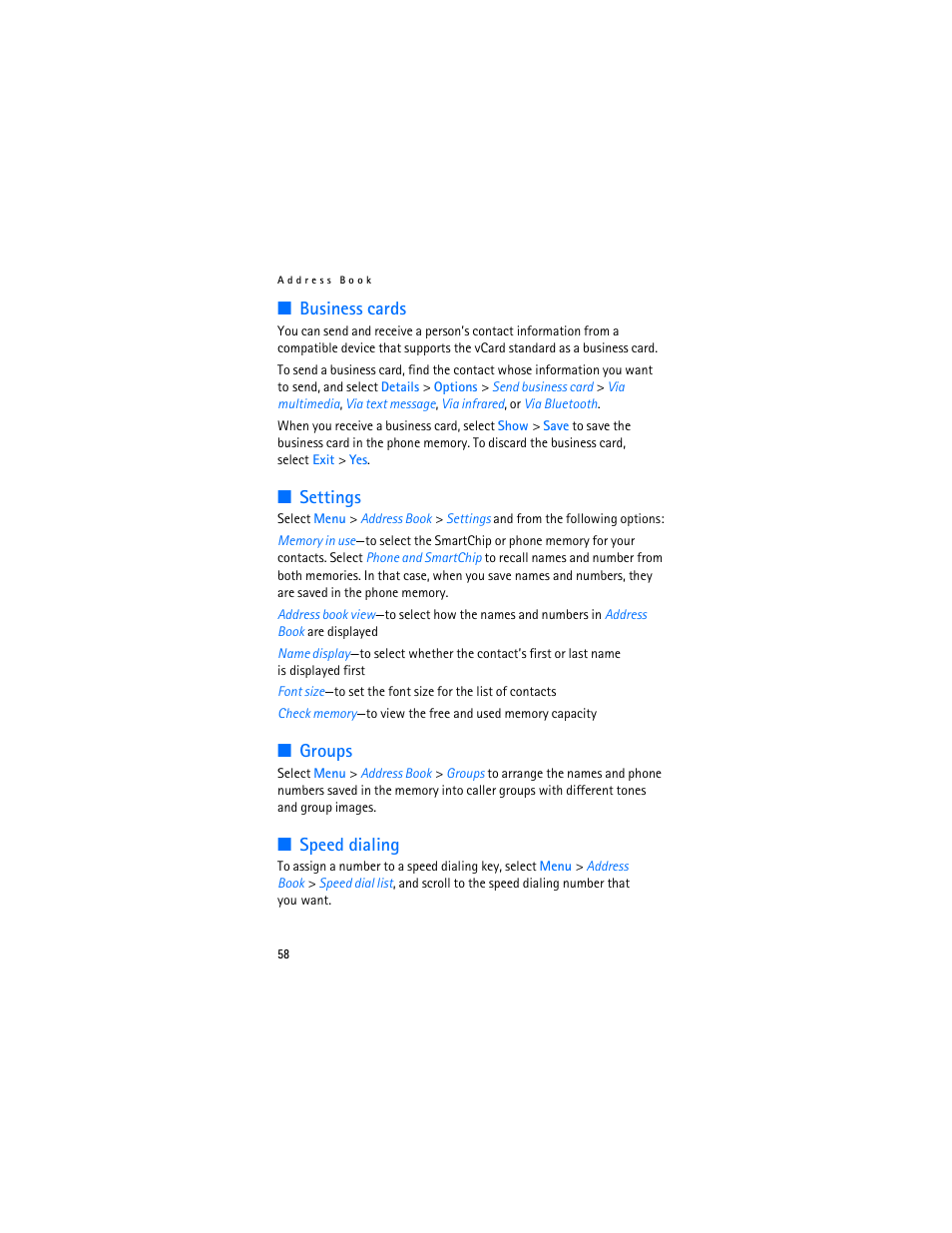 Business cards, Settings, Groups | Speed dialing, Business cards settings groups speed dialing, Speed dialing,” p. 58. c | Nokia 6282 User Manual | Page 59 / 201
