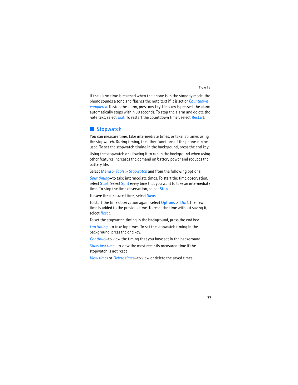 Stopwatch | Nokia 6282 User Manual | Page 78 / 201