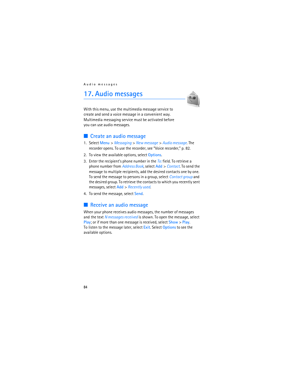 Audio messages, Create an audio message, Receive an audio message | Create an audio message receive an audio message | Nokia 6282 User Manual | Page 85 / 201