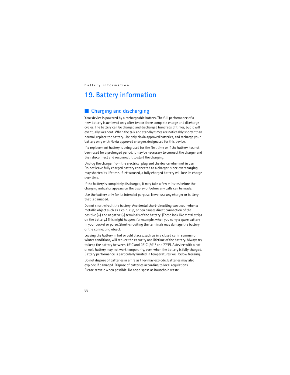 Battery information, Charging and discharging | Nokia 6282 User Manual | Page 87 / 201