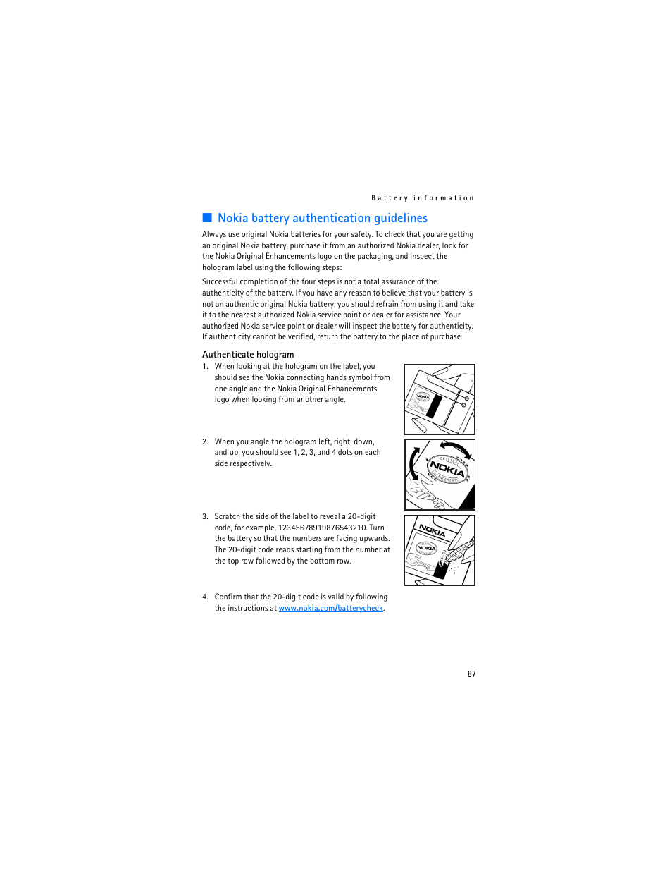 Battery: authentication, Nokia battery authentication guidelines | Nokia 6282 User Manual | Page 88 / 201