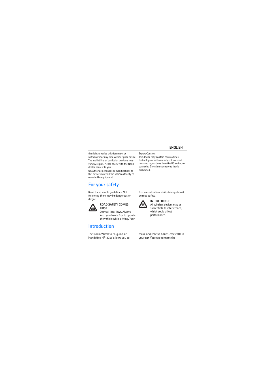 For your safety, Introduction | Nokia Wireless Plug-in Car Handsfree HF-33W User Manual | Page 3 / 9