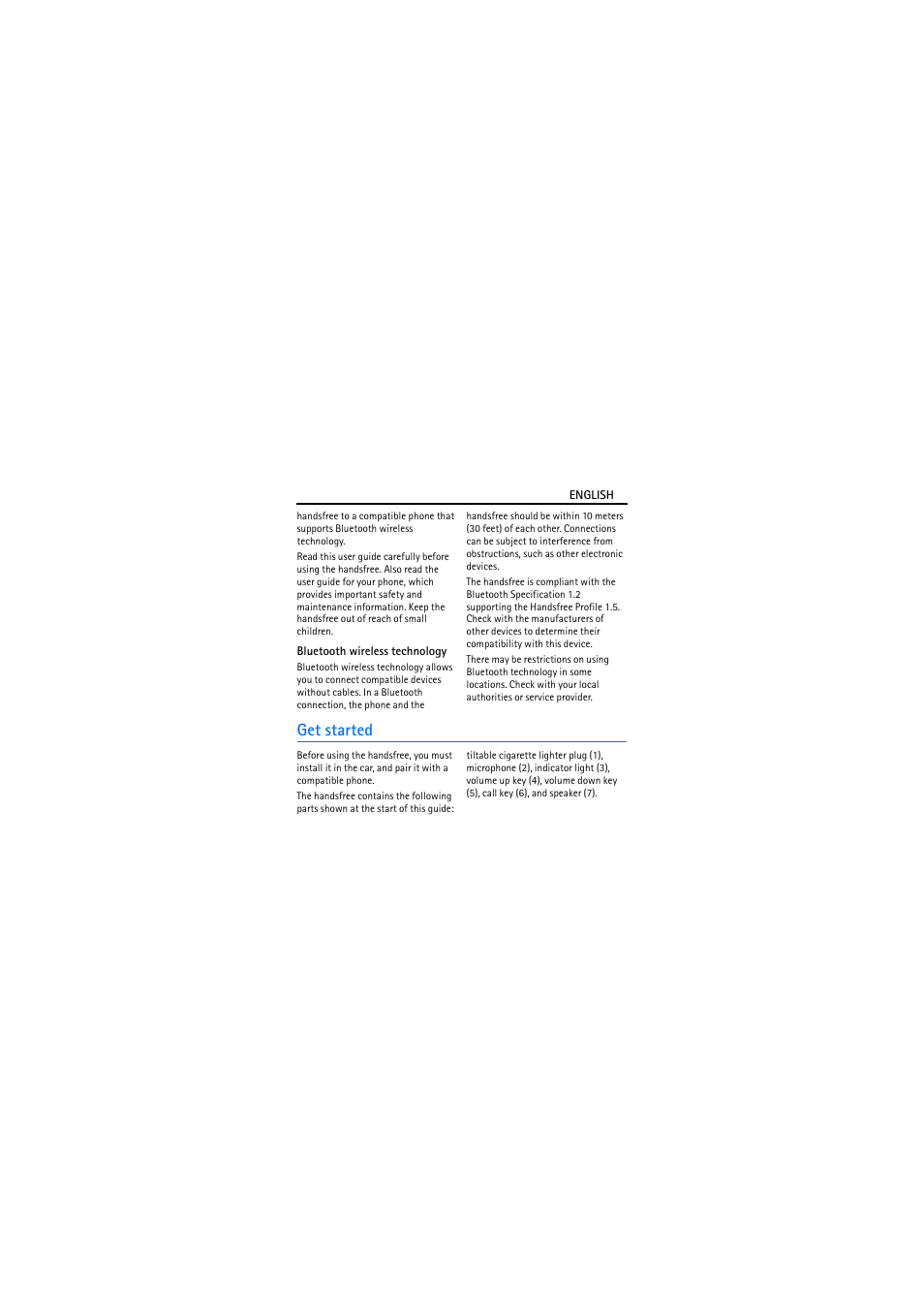 Bluetooth wireless technology, Get started | Nokia Wireless Plug-in Car Handsfree HF-33W User Manual | Page 4 / 9