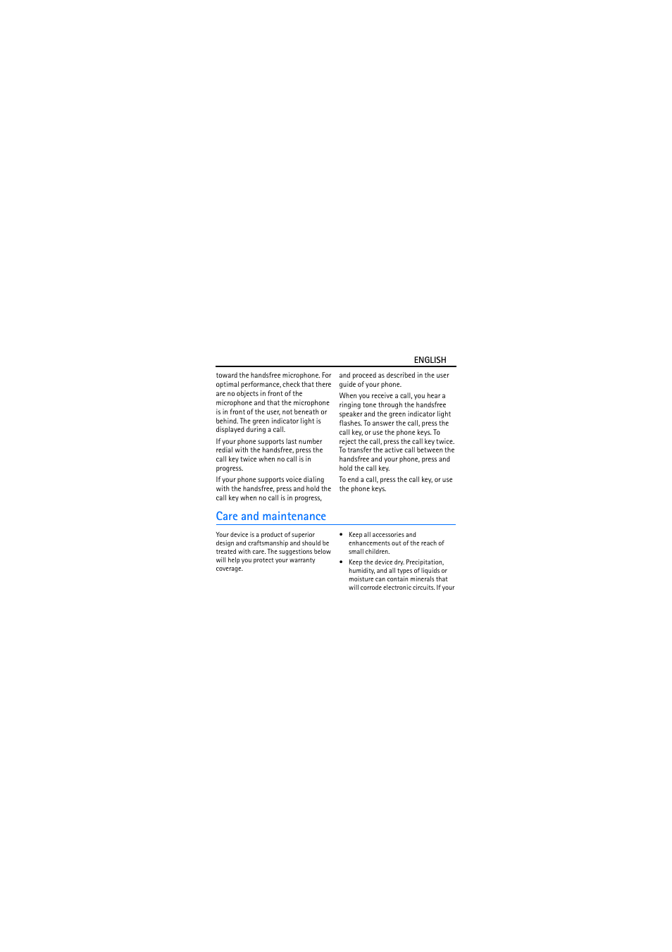Care and maintenance | Nokia Wireless Plug-in Car Handsfree HF-33W User Manual | Page 7 / 9
