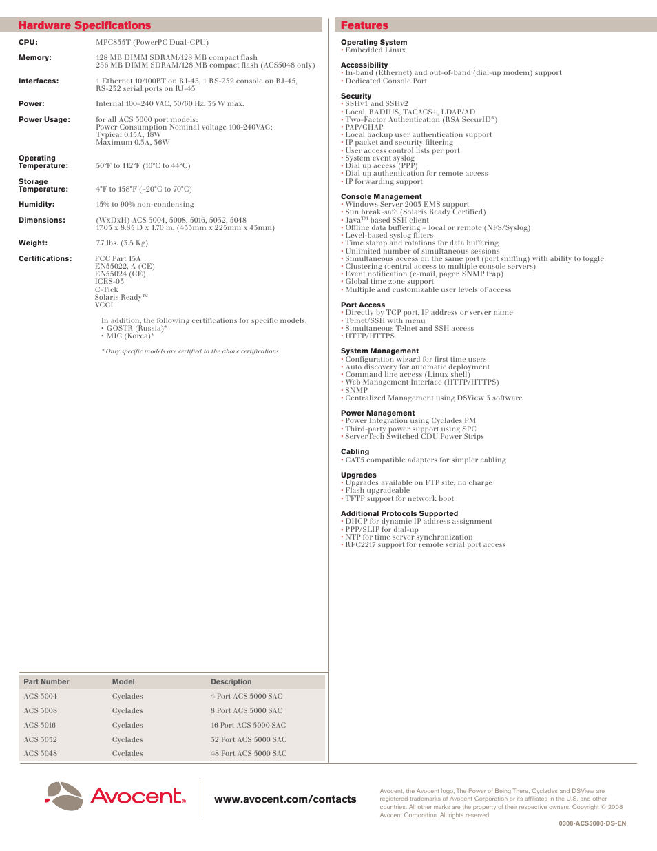 Hardware specifi cations, Features | Avocent Cyclades ACS 5000 SERIES User Manual | Page 2 / 2