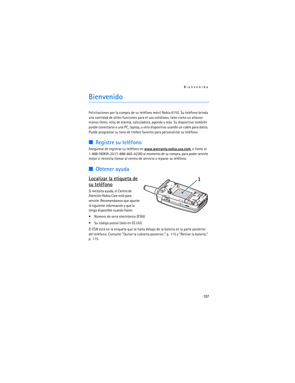 Bienvenido, Registre su teléfono, Obtener ayuda | Nokia 6155i User Manual | Page 108 / 209