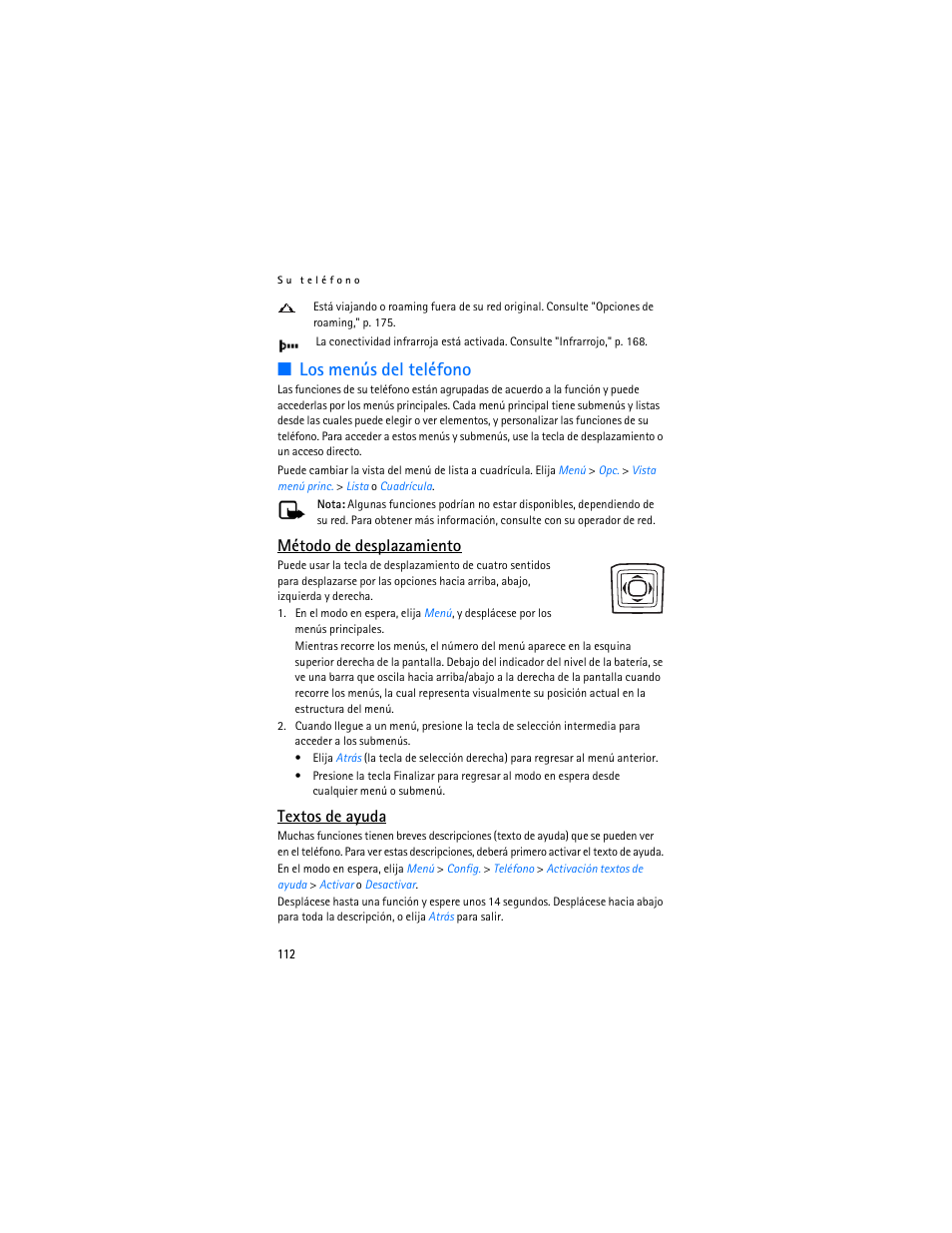 Los menús del teléfono, Método de desplazamiento, Textos de ayuda | Nokia 6155i User Manual | Page 113 / 209
